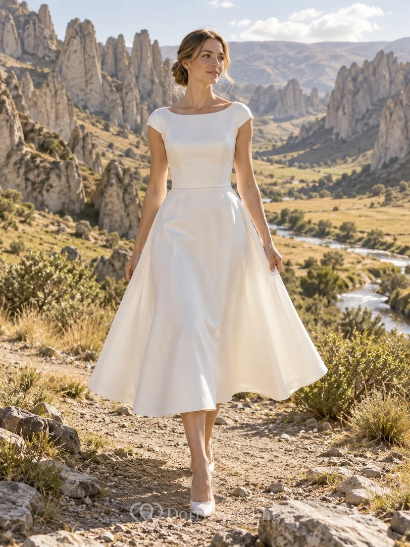 Vestido de novia sencillo de satén con escote barco, mangas cortas y corte en A, largo hasta la rodilla, con cinturilla.