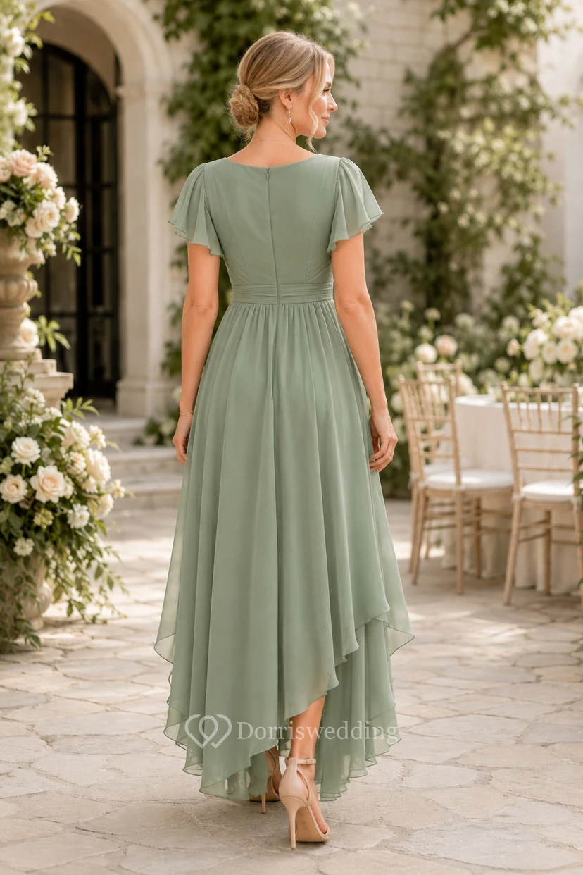 Vestido de gasa asimétrico con escote en V y mangas con volantes, color verde salvia. view 2