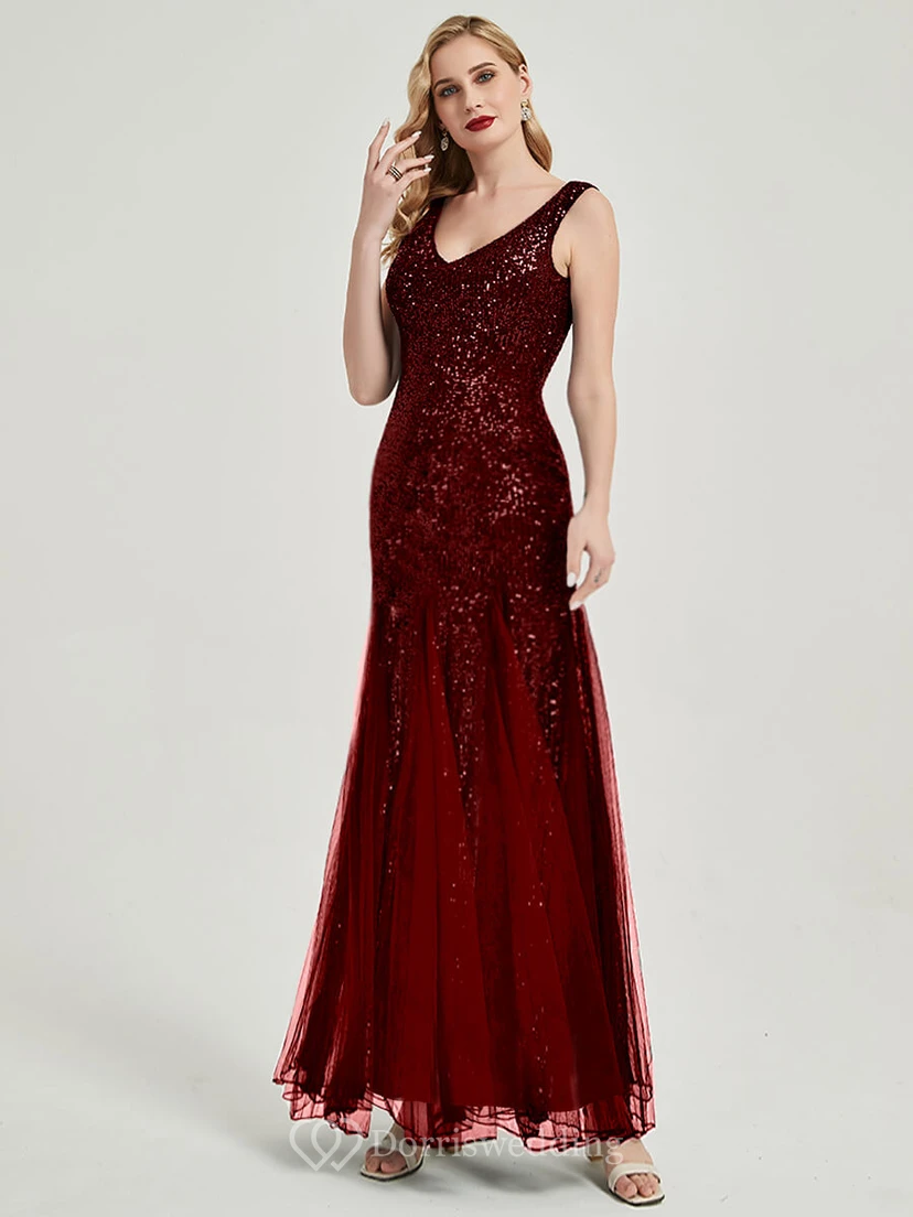 Sequin Sheath Pleated Sleeveless Party Floor-length Prom Dress view 3
