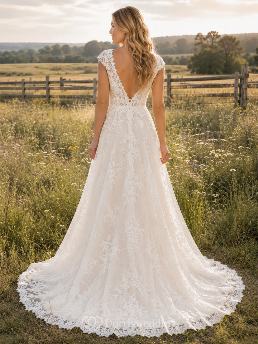 Robe de mariée de maternité, épaules dénudées, manches papillon, dentelle et tulle, style champêtre avec traîne view 2