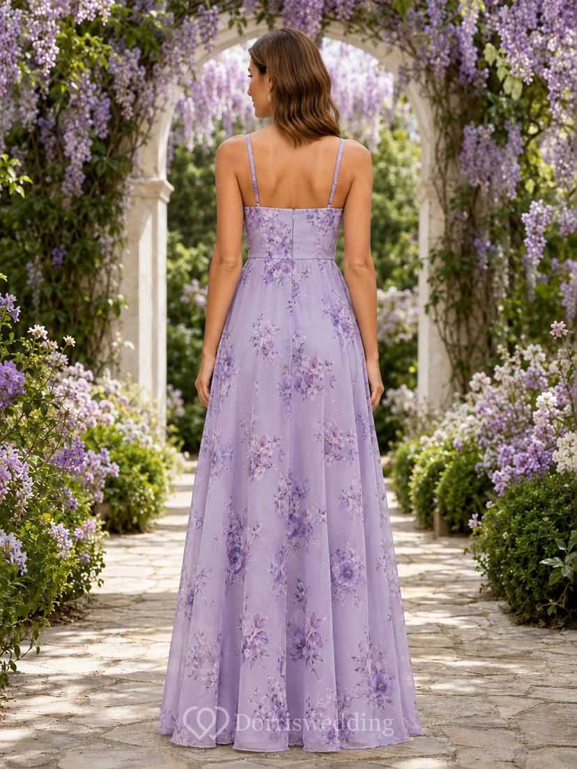 Lavender Floral Garden A-Line Chiffon Bridesmaid Dress with Sleeveless Square Neck Straps Bodice, Floral Embroidered Floor-Length Skirt and Strappy Zipper Back view 2