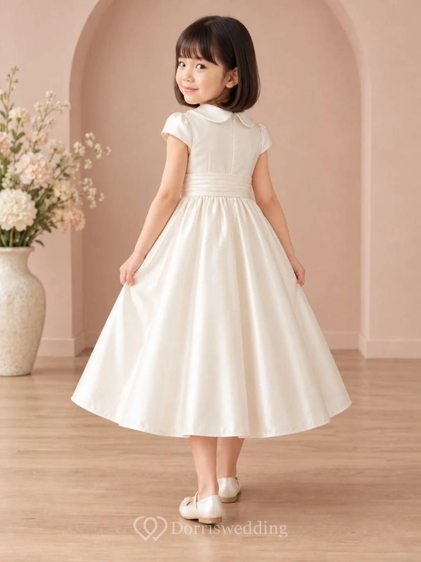 Tea-length Vintage Ivory A-line Satin Collared Cap-sleeve Button-front Flower Girl Dress view 2