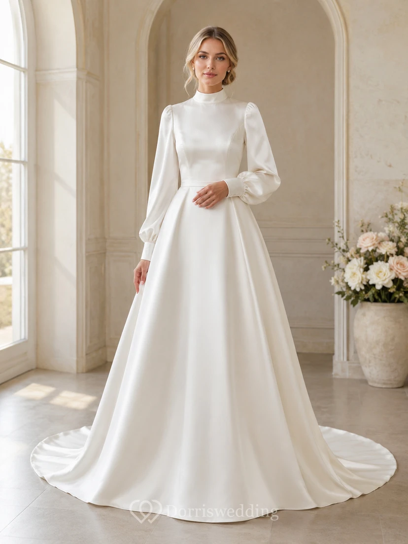 Modest Satin Wedding Dress A-Line High Neck Long Sleeve Court Train Bridal Gown