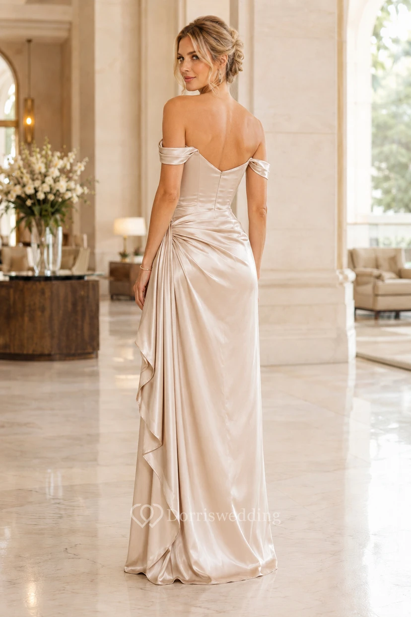 Evening Gown Champagne Satin Sheath Off Shoulder Short Sleeve with Slit Floor Length view 2