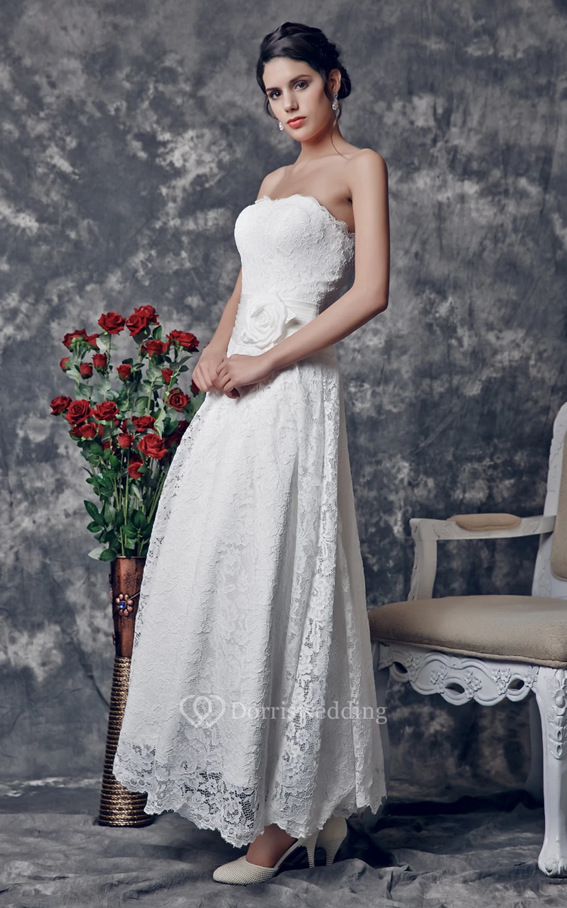 Delicate Strapless Tea Length Lace Dress With Floral Ruched Waistline view 2