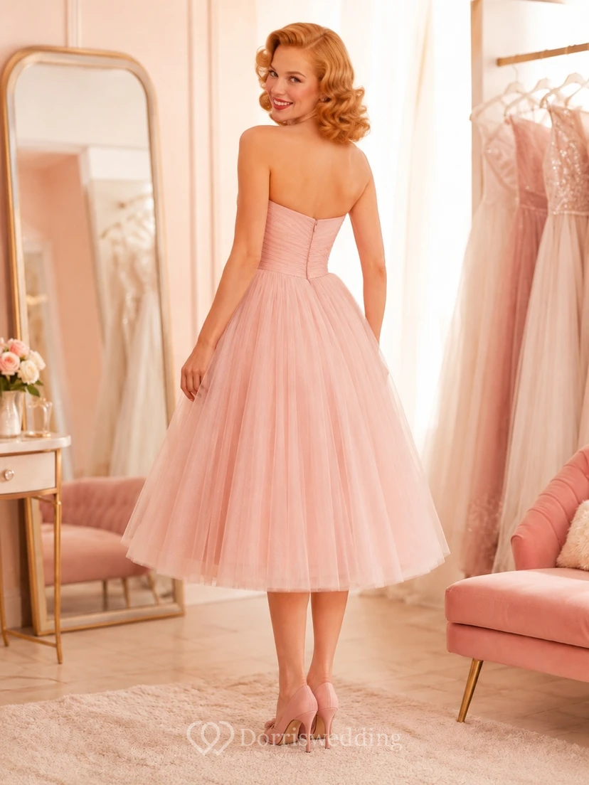 Blushing-Pink Romantic Strapless Tulle Pleated A-Line Tea-Length Party Dress view 2