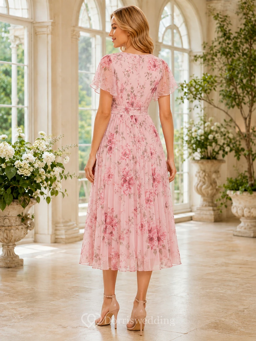 Robe d'invitée rose pâle à fleurs, col en V, manches courtes, longueur thé view 2