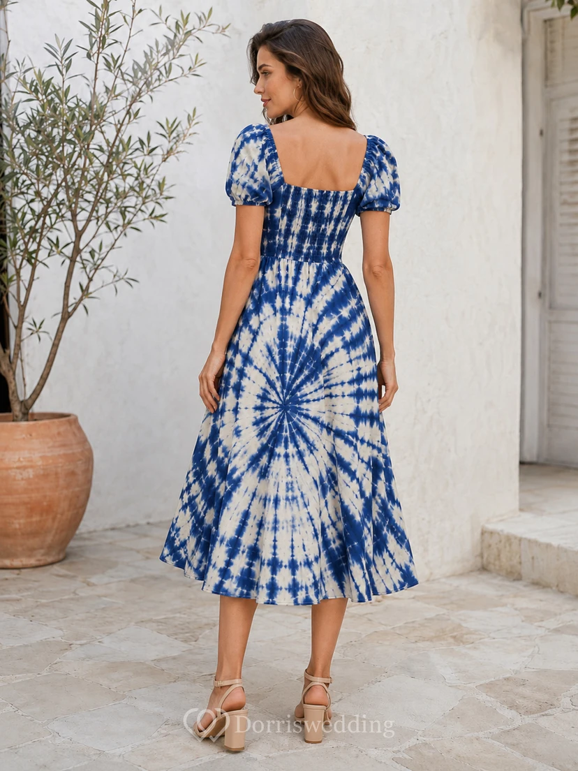 Blue Shibori Square Neck Puff Sleeve Midi Dress view 2