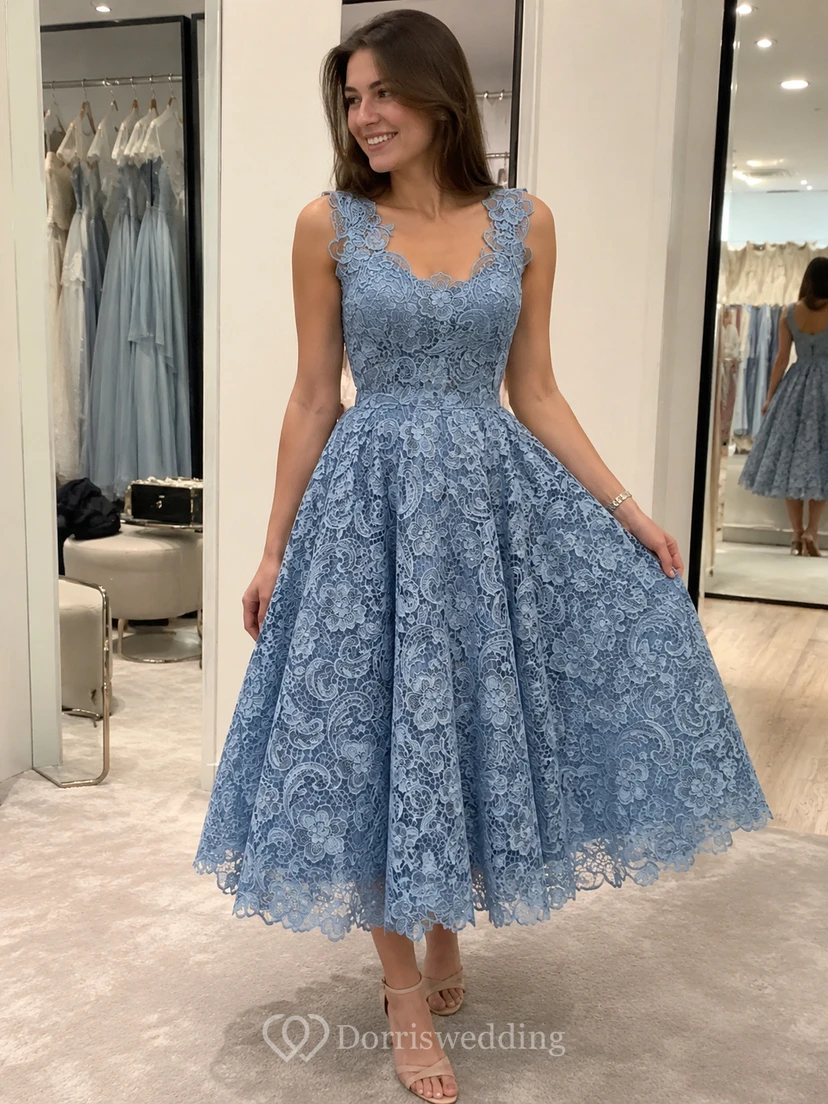 Low V Neckline A-line Knee Length Lace Dress view 8