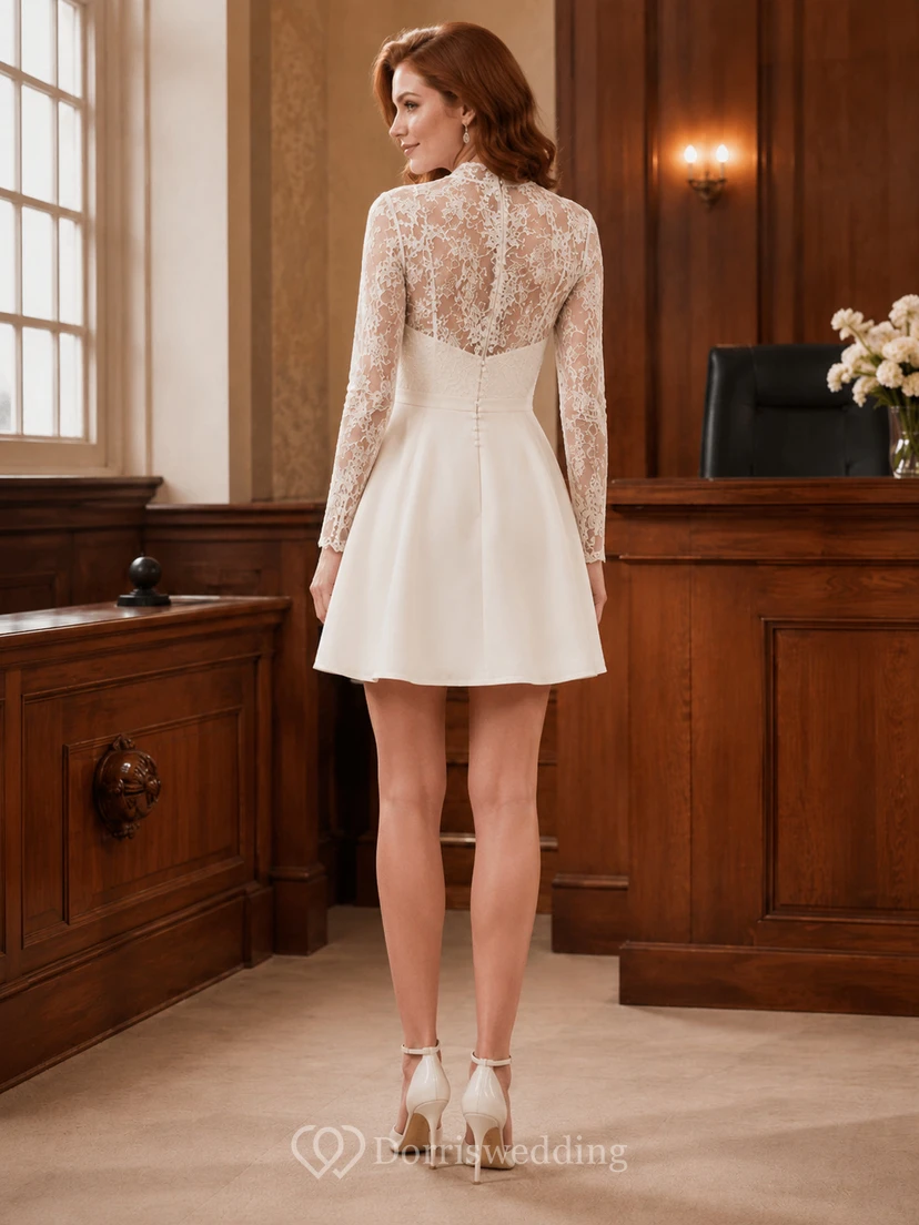 Robe de mariée fourreau en satin et dentelle, col rond, manches longues, mini-robe de mariée view 2