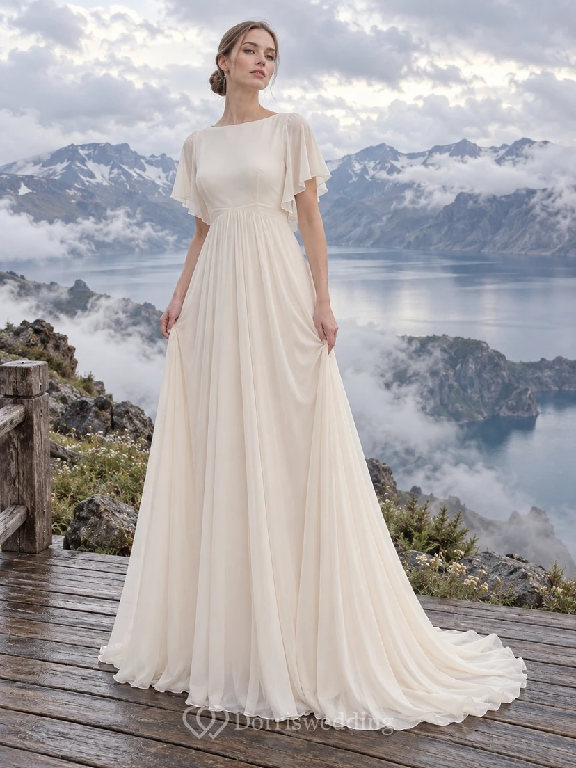 Vestido de novia sencillo y modesto de gasa con cuello alto y manga corta, corte en A