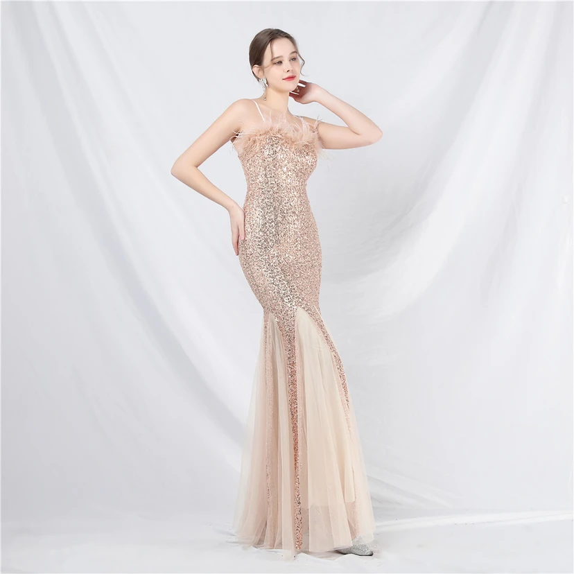 Craft Ostrich Feather Mesh Sequined Long Evening Dress view 48