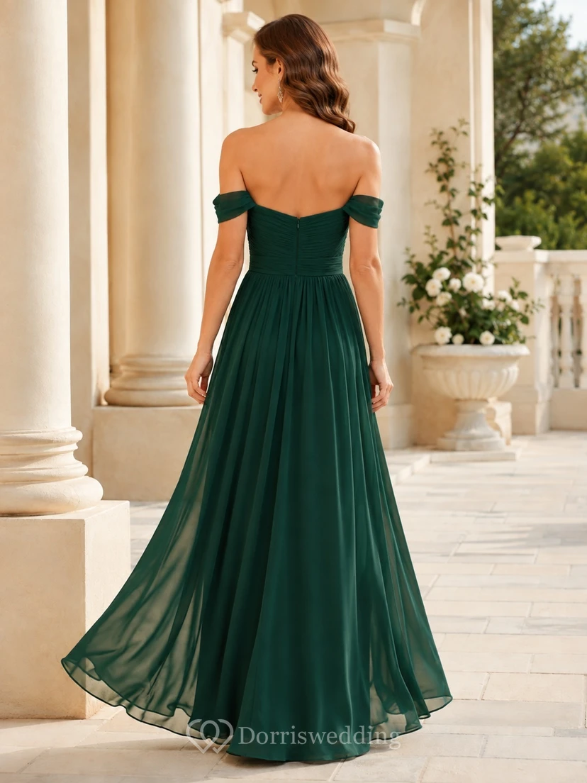 Dark Green Off-Shoulder Sweetheart Pleated Chiffon A-Line Floor-Length Bridesmaid Evening Dress view 2