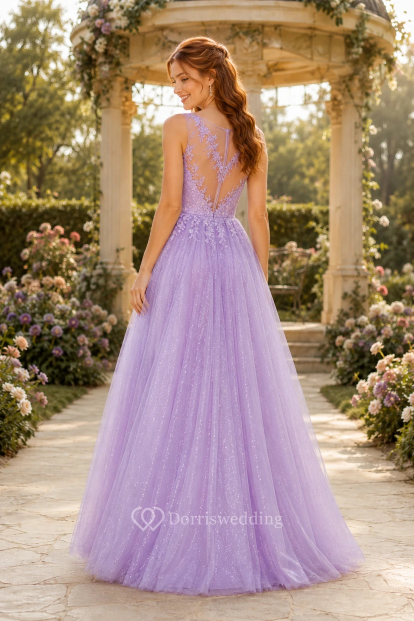 Plus Size Lavendel-Abendkleid in A-Linie aus Illusionsspitze mit Tüllrock und V-Ausschnitt am Rücken für formelle Gartenveranstaltungen view 2