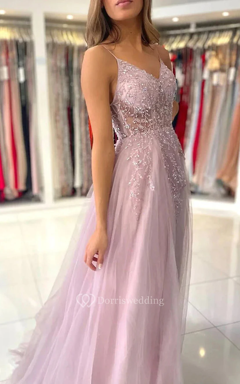Spaghetti Front Split Beaded Applique Front Split Tulle Evening Prom Dress view 4