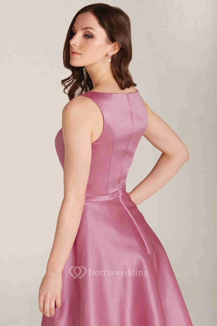 A-Line Sleeveless Knee-Length Scoop-Neck Satin Bridesmaid Dress view 2