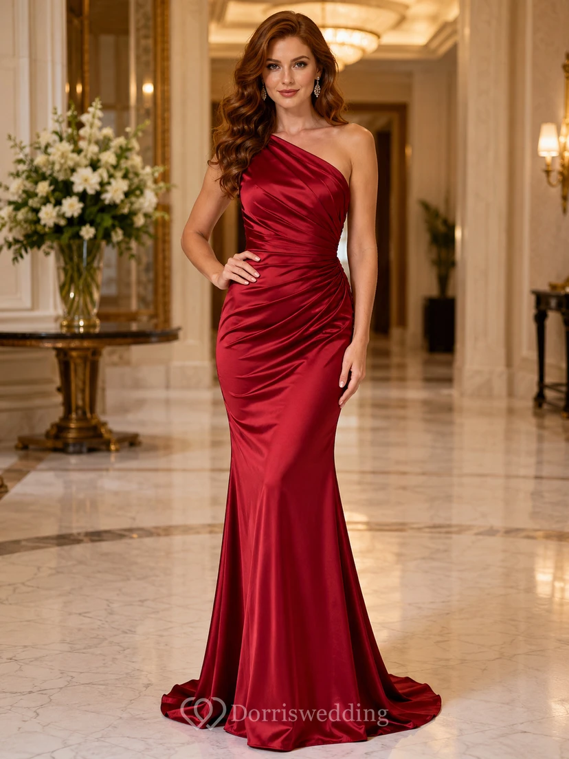 Vestido de sirena de satén fruncido de un solo hombro rojo