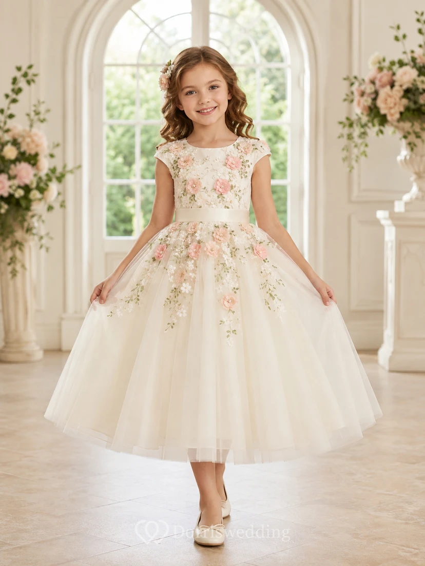 Blumenmädchen-Gartenkleid aus Tüll mit floralen Applikationen, Teelänge und kurzen Ärmeln