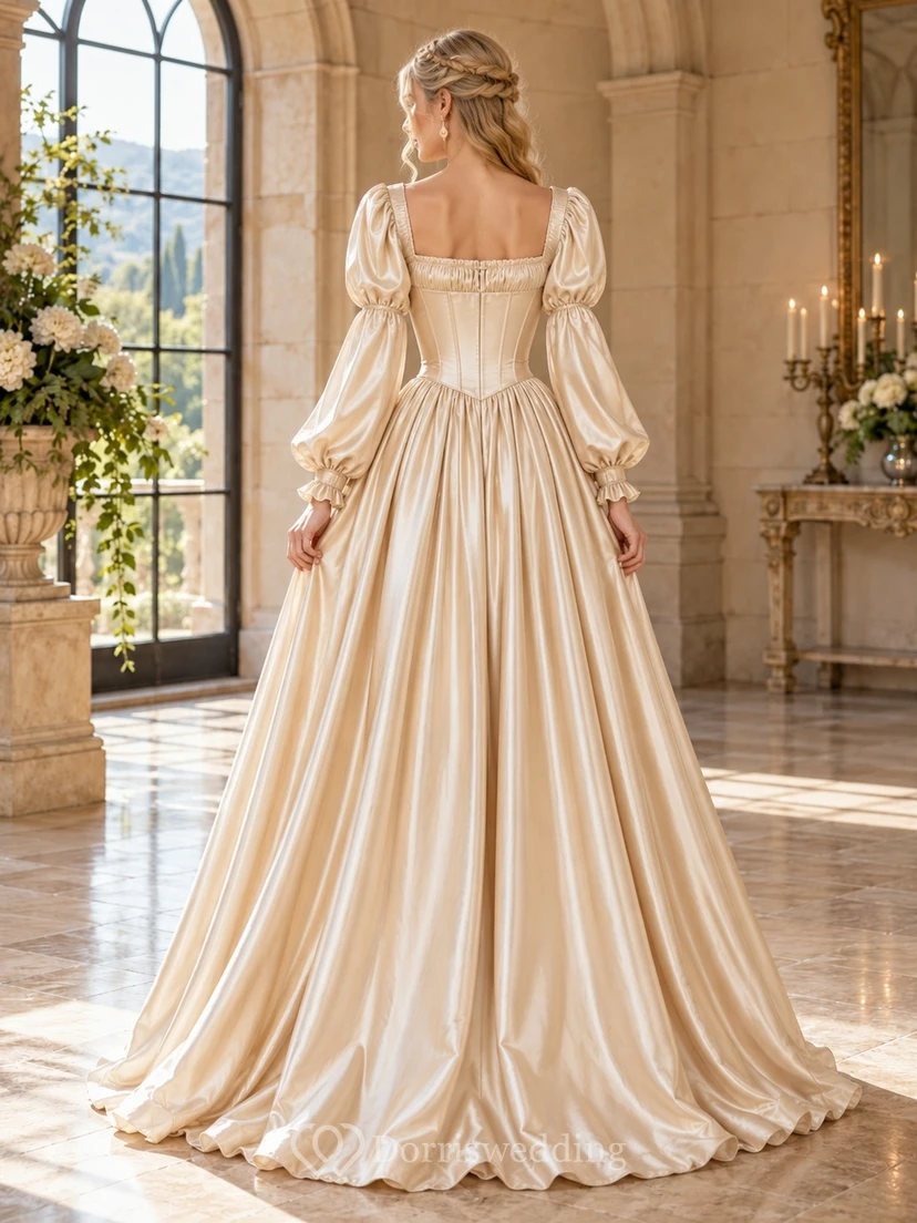 Robe de mariée Renaissance en satin à manches longues, col carré et corset trapèze view 2