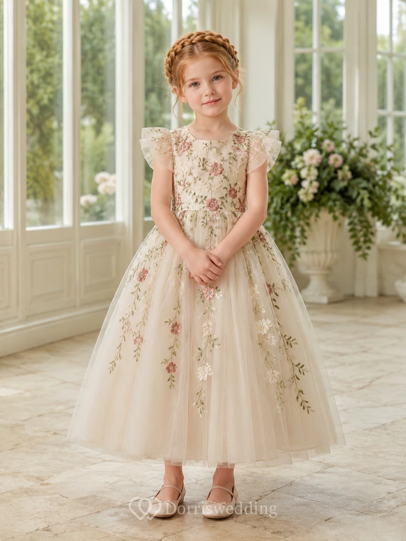 Ivory Floral Vine Embroidered Flower Girl Gown with Petal Sleeves, Tulle A-Line, Botanical Appliques, and Tea-Length Skirt