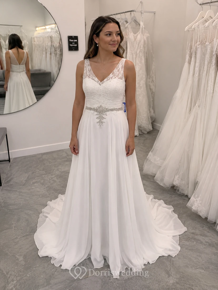 Empire-Chiffon-Brautkleid im griechischen Stil mit V-Ausschnitt, ärmellos und mit Perlenstickerei view 6