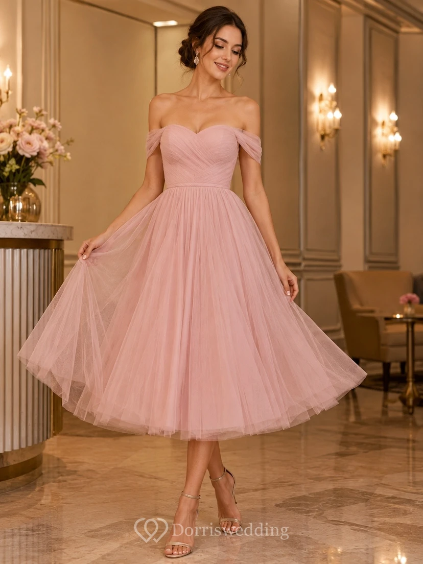 Blush Strapless Sleeveless Tulle Ball Gown Midi Dress