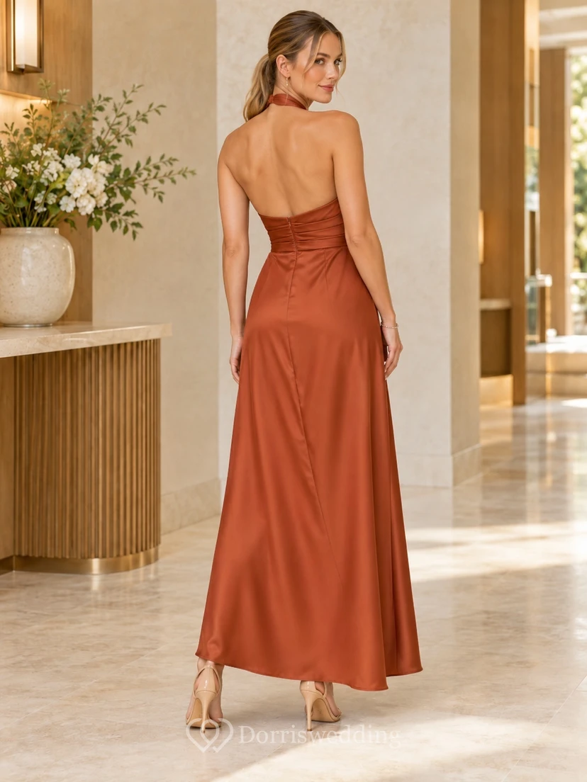 Rust Twisted Halter Satin Wrapped Ankle-length Wedding Guest Dress view 2