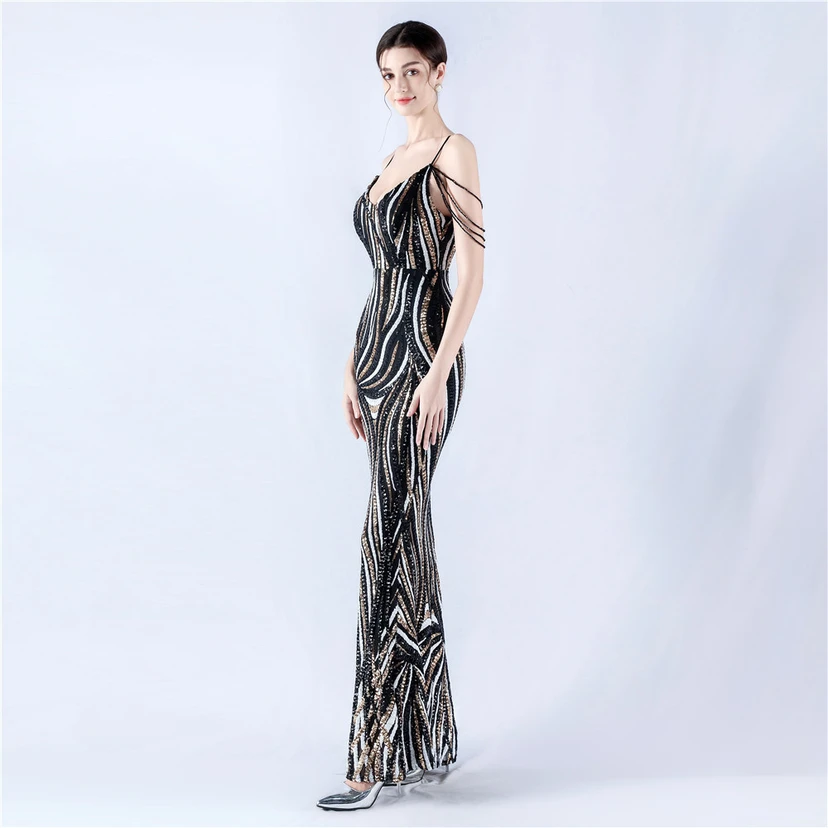Sequined Striped Color Matching Slim Dinner Host Suspender Long Dress For Women view 3