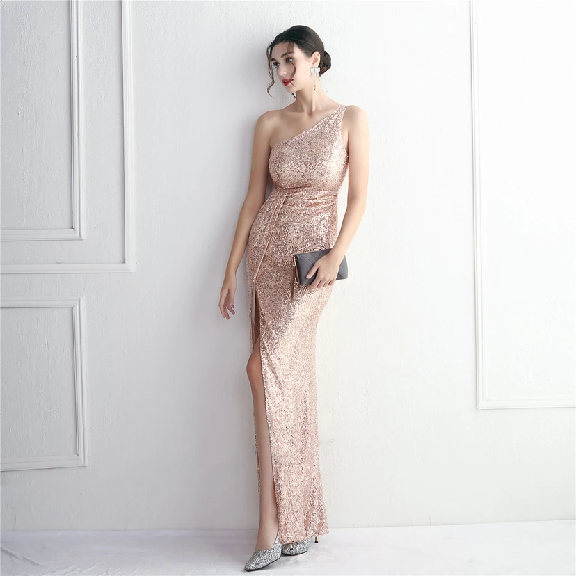 Sequined One-Shoulder Celebrity Cold Banquet Slit Long Sequin Aura Queen Dinner Fishtail Dress view 38