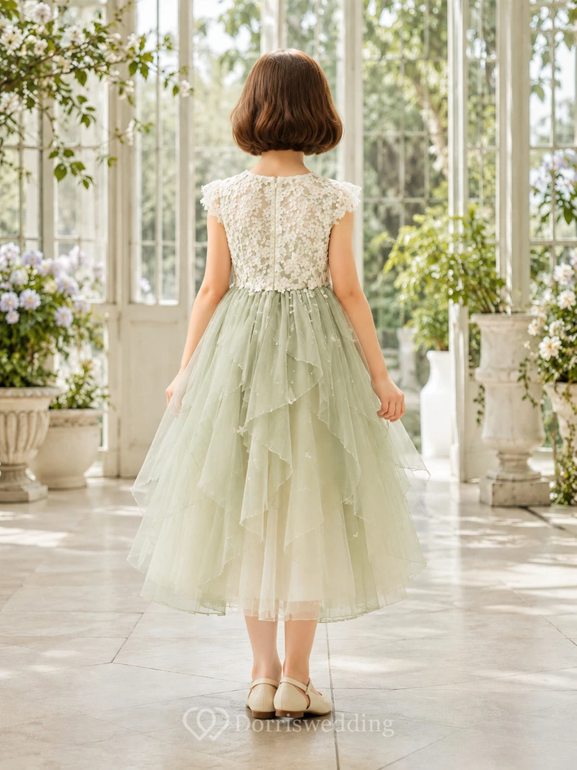 Flower Girl Dress Sage Lace Tulle A-Line Scoop Neck Tea Length Bow Back view 2
