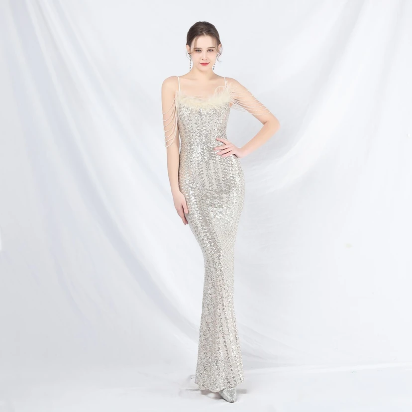 Craft Beaded Ostrich Feather Fantasy Sequined Long Evening Dress view 37
