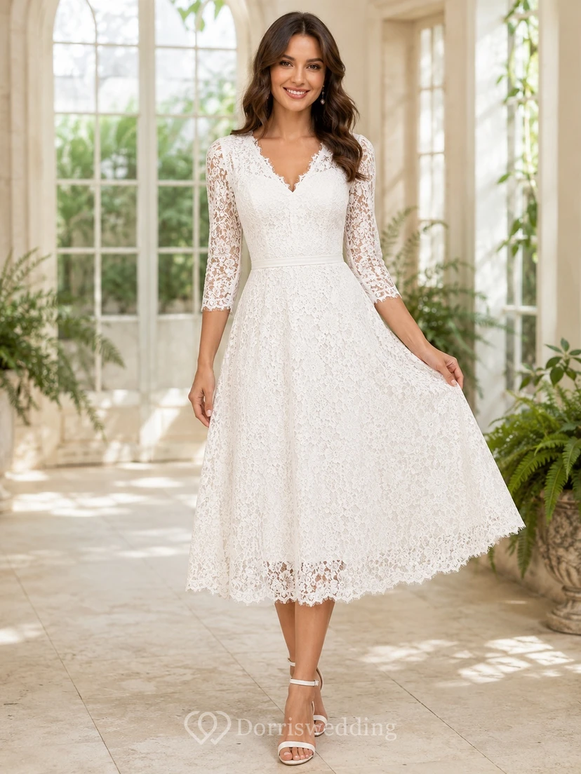 Romantic Lace V-neck Three-quarter Sleeve Tea-length Reception Wedding Dress