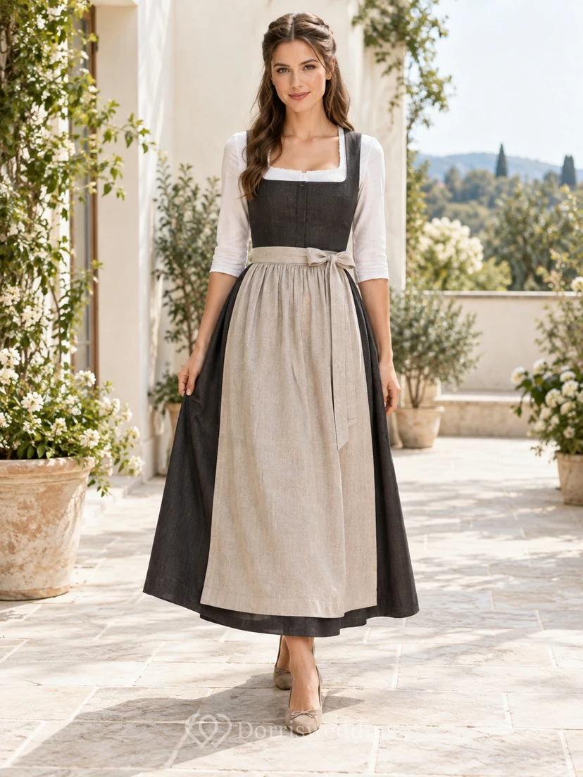 Robe Dirndl simple et modeste de style campagnard noir à col carré et manches tablier