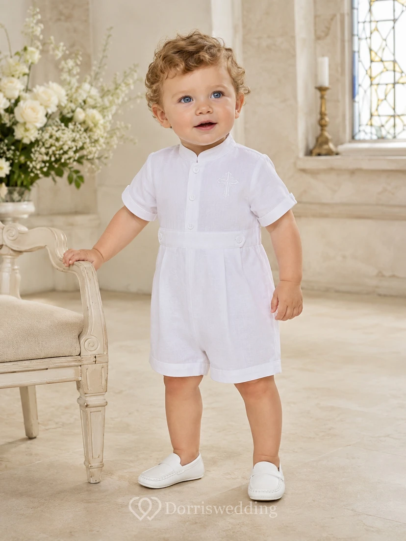 White Mandarin Collar Pintuck Short Sleeve Baptism Romper for Baby Boy