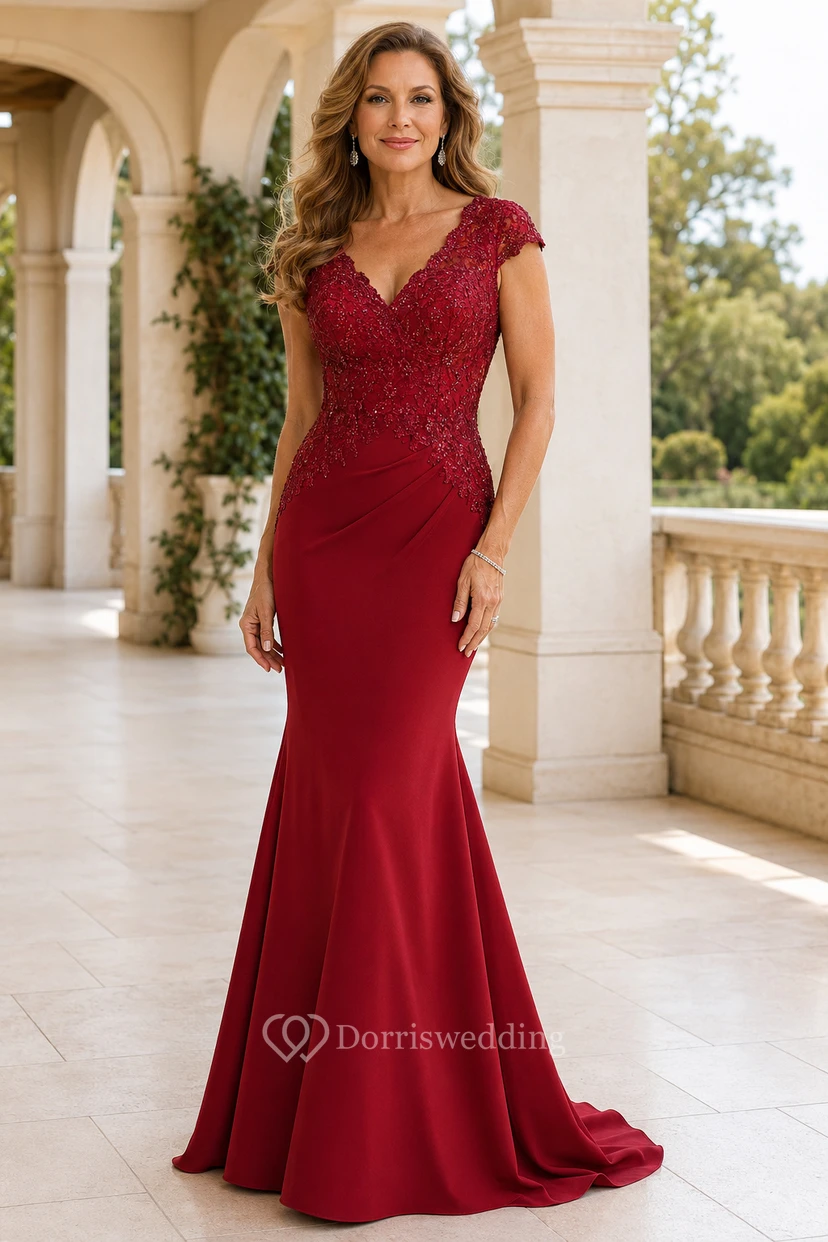 Mutterkleid aus rotem Chiffon mit Spitze, Meerjungfrauen-Stil, kurzen Ärmeln, V-Ausschnitt, bodenlang, gerafft