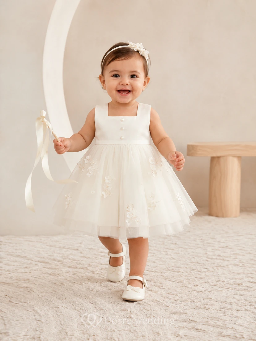 Modern Baby Baptism Christening Ceremony Dress A-Line Knee-Length Square Neck Sleeveless Tulle Button Back