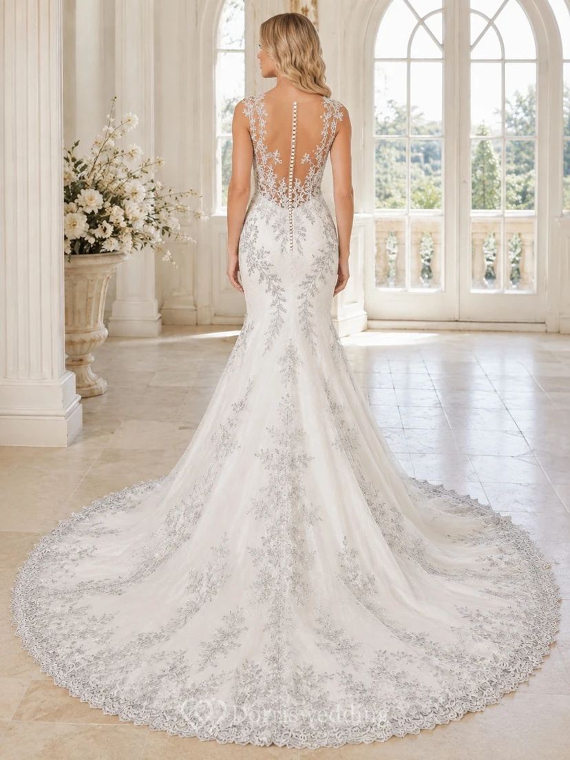 Gray Lace Mermaid Bridal V-neck Straps Sleeveless Floor-length Sweep Train Elegant Dress view 2
