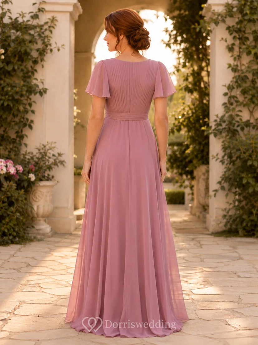 Altrosafarbenes Wickelkleid aus Chiffon in A-Linie mit V-Ausschnitt view 2