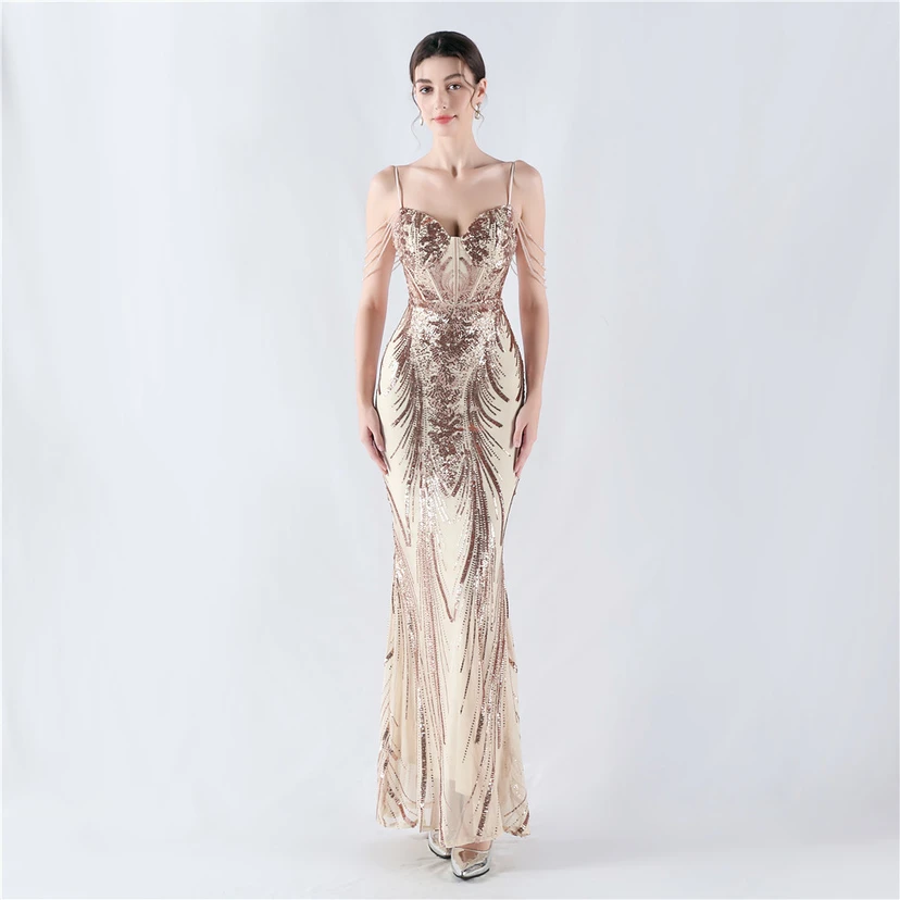Waist-Reduced Fishbone Shaping Positioning Flower Sequined Anchor Sexy Beaded Suspender Evening Dress view 11