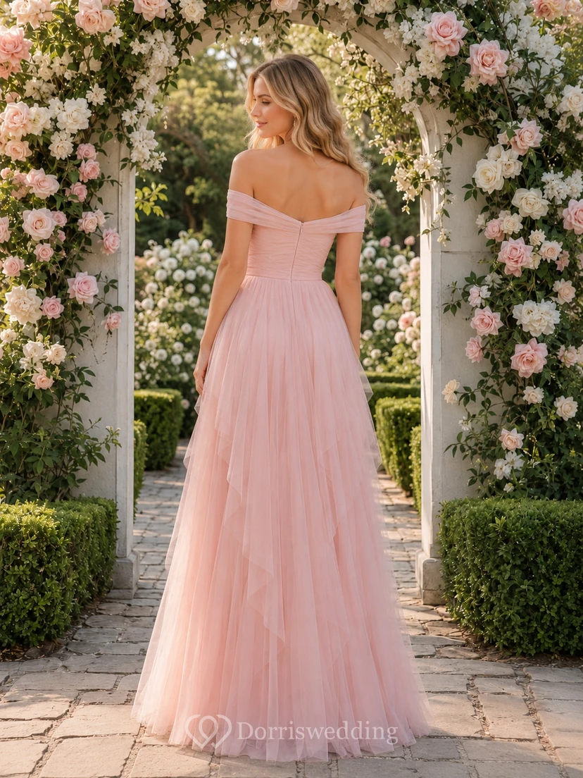 Blush Off Shoulder Layered Tulle Floor Length A Line Garden Guest Dress view 2