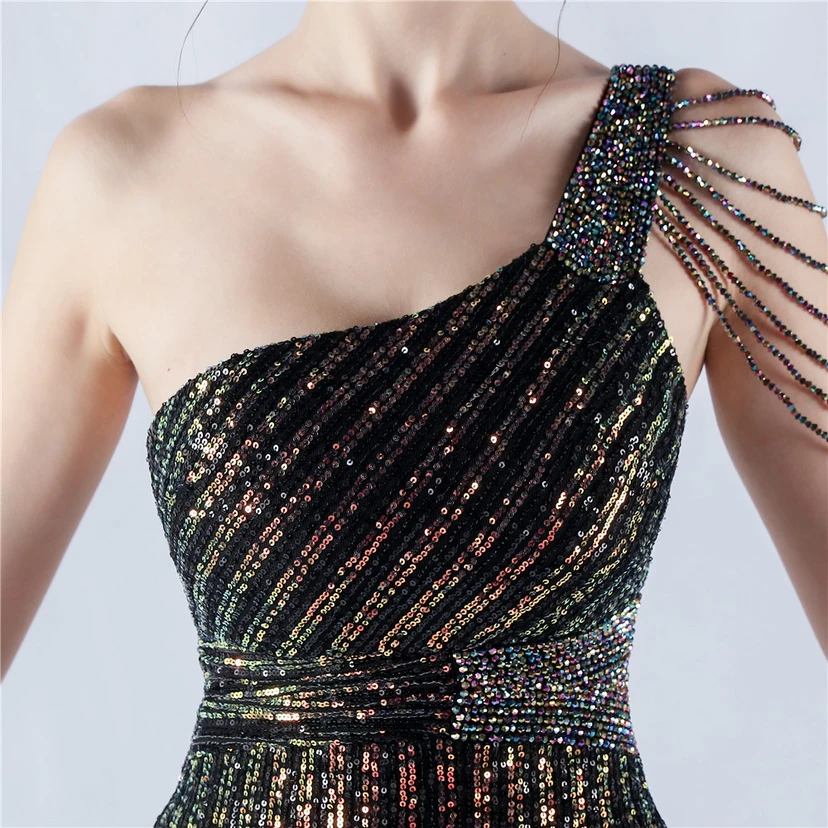Heavy Beaded One-Shoulder Oblique Collar High Fork Sequin Dinner Dress view 8