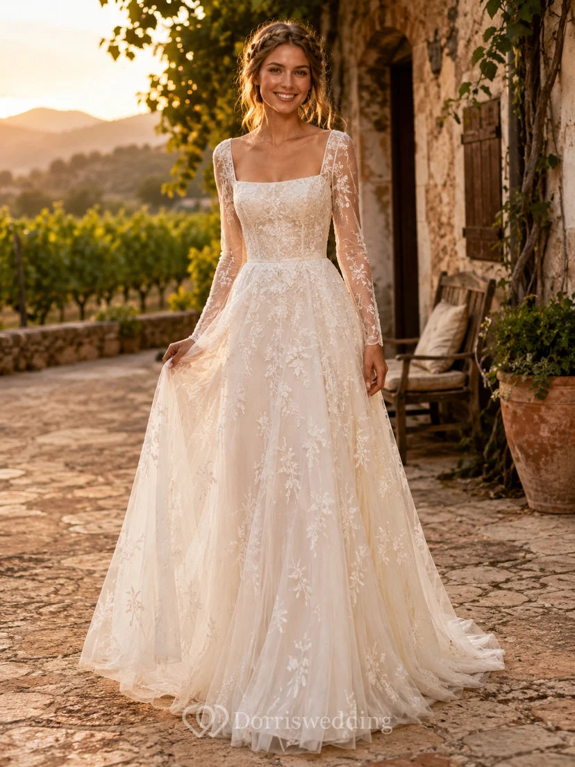 Robe de mariée champêtre en dentelle à manches longues et col carré