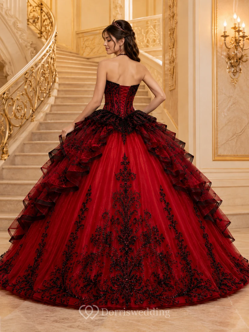 Robe de bal de princesse rouge et noire de luxe, sans bretelles, décolleté cœur et volants cascade, pour quinceañera view 2