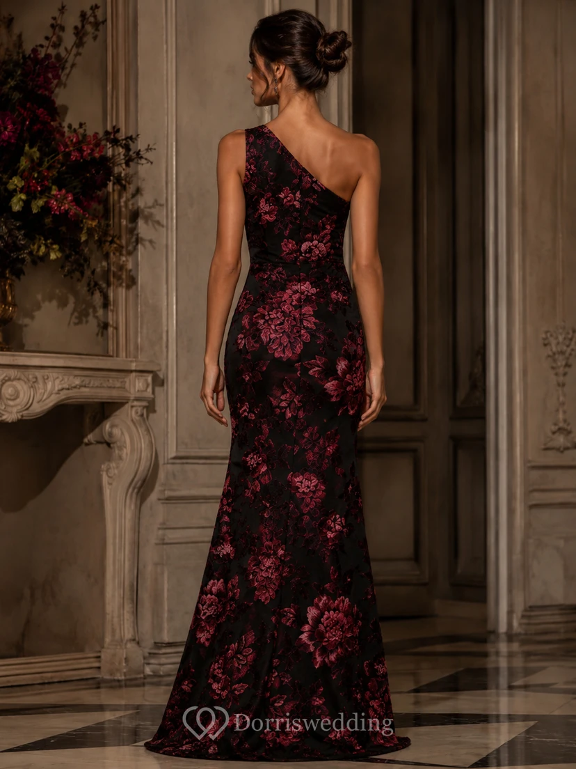 Robe de soirée sirène asymétrique, sans manches, ornée de broderies florales, longueur au sol view 2