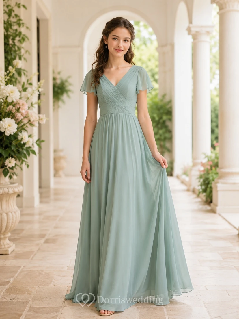 Vestido de dama de honor juvenil color celadón, corte en A, largo hasta el suelo, escote en V, manga corta, detalle de volantes, estilo romántico.