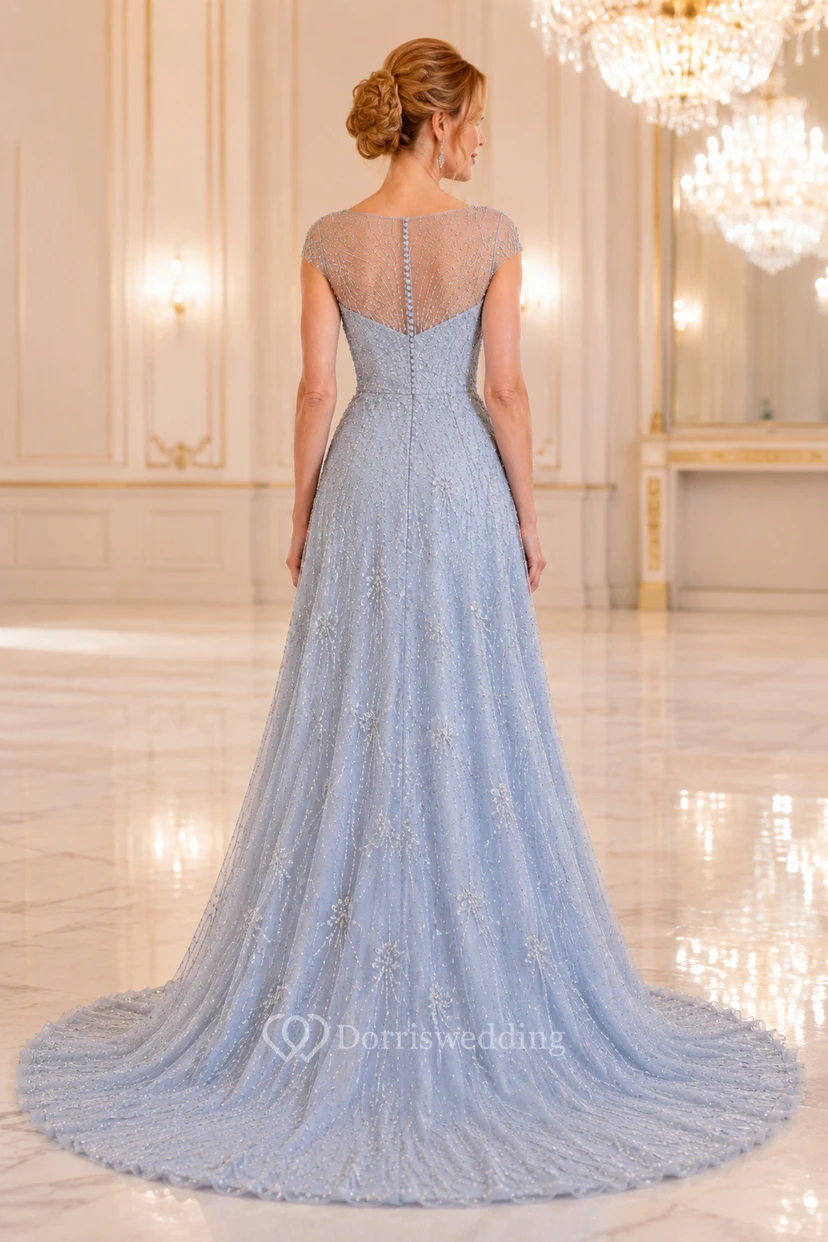 Robe de soirée bleu ciel en tulle à sequins, coupe trapèze, épaules dénudées, manches courtes, traîne ornée de perles view 2