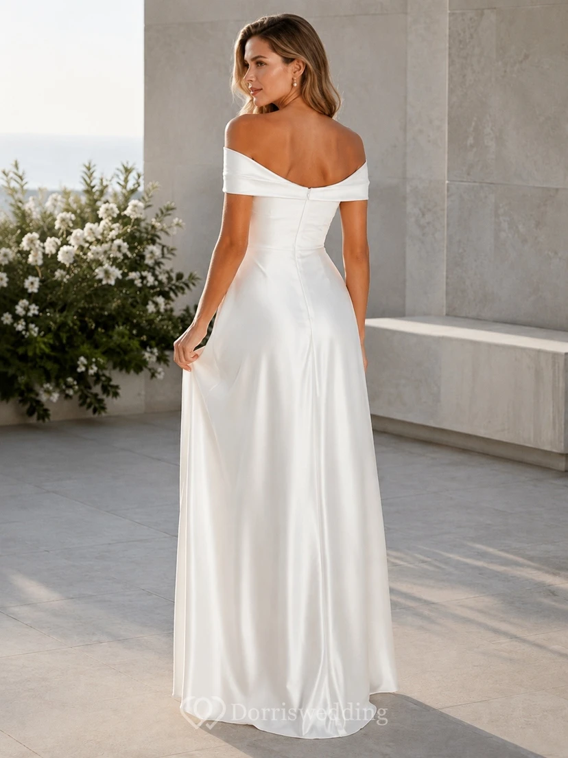 White Satin Off-the-Shoulder Short-Sleeve A-Line Floor-Length Formal Dress view 2