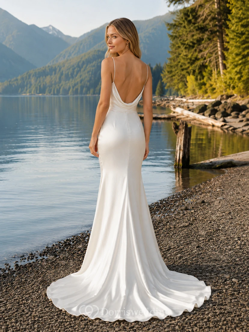 Robe de mariée sirène en charmeuse à col bénitier et fines bretelles spaghetti, style bord de lac view 2