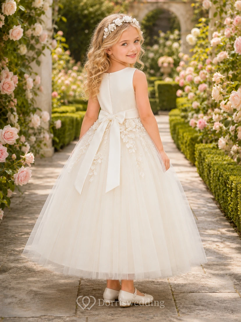 Elfenbeinfarbenes Blumenmädchenkleid mit Rosenapplikationen, ärmellosem Tüll-A-Linien-Schnitt, floralem Taillendetail, bodenlangem Rock und elegantem Finish view 2