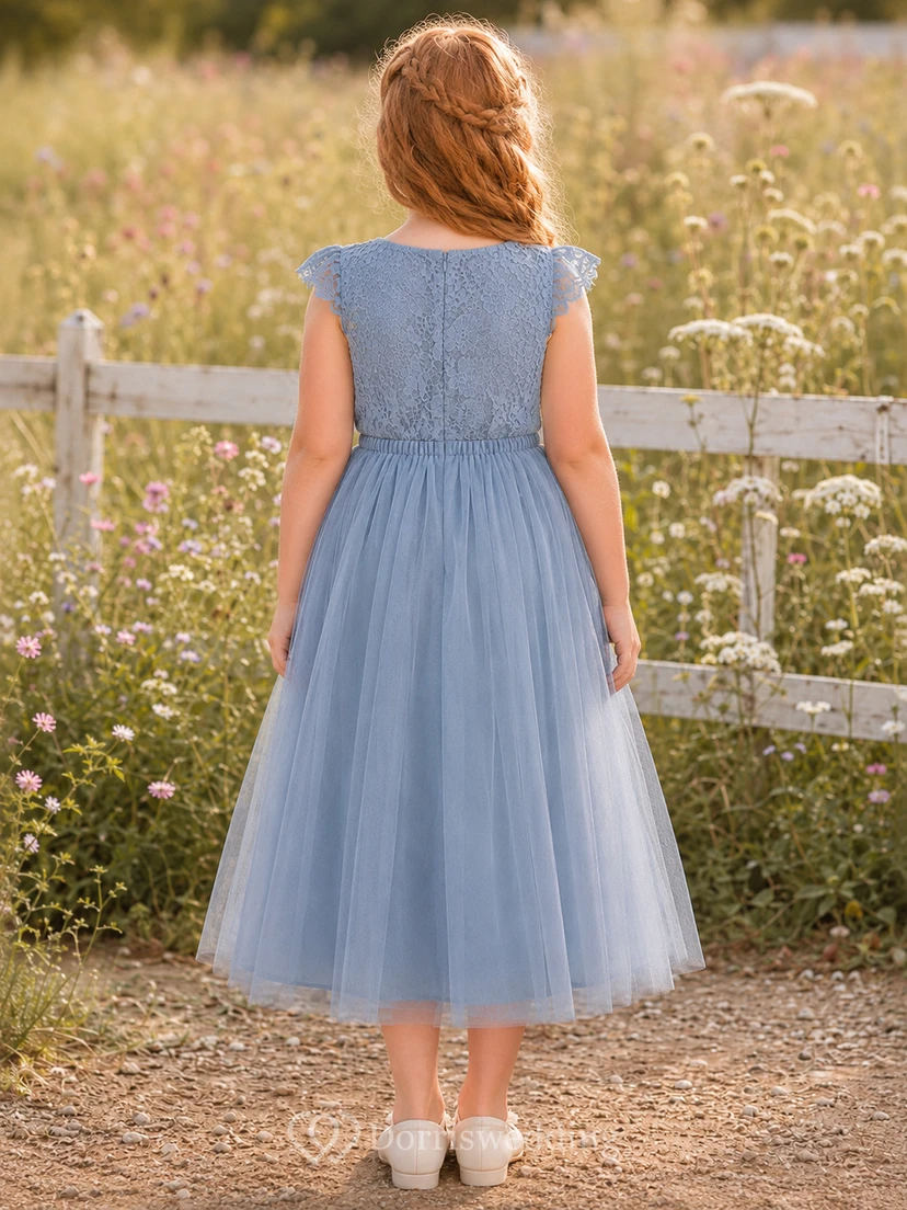 Blumenmädchenkleid, himmelblau, Tüll, A-Linie, Rundhalsausschnitt, Teelänge, Schleifendetail view 2